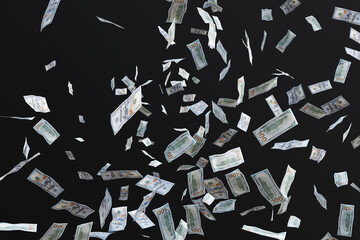 A lot of US 100 dollar bills flying around on black background. Illustration of the concept of luxury , rich and wealth © Dragon Claws