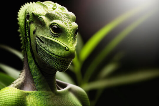 Portrait of a reptiloid with scaly green skin. AI generative