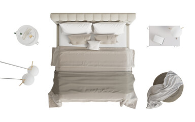 A set of isolated bedroom furniture 4. Top view. Beige bed with pillows, textile headboard, blanket, lamp on nightstand, plaid on knitted ottoman, decor on round nightstand, pendant lamp. 3d render