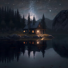 Fototapeta premium A cabin sits on a lake at night while a meteor shower and stars shine above, Created with Generative AI