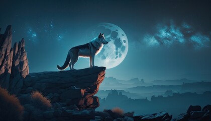 A lone wolf howling at the bright full moon, perched on a rocky cliff overlooking the misty plains below, illuminated by the cool blue light of the night sky generative ai