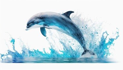 A sleek and graceful dolphin jumping out of the water, isolated on a white background. The cool blue lighting and splashing water create a refreshing and invigorating atmosphere, generative ai