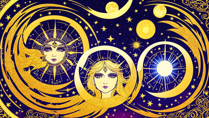beautiful colorful background with faces in the sun and stars of esoteric symbols zodiac signs Generative AI