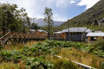 Small colorful houses and nalca plants along the wooden paths of Tortel, Patagonia, Chile