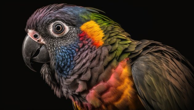 Colorful parrot, with vivid feathers and a curious gaze. Isolated on a black background. Bold, dramatic lighting adds depth and texture to the image. Warm tones generative ai