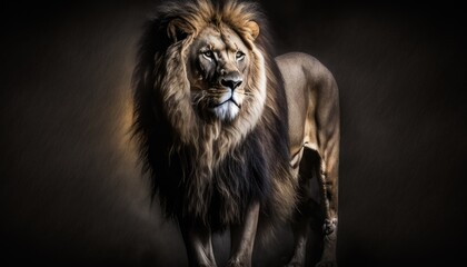 Majestic lion, king of the jungle, standing tall and proud. Isolated on a black background. Moody and intense lighting creates a sense of power and strength. Warm tones add depth and generative ai