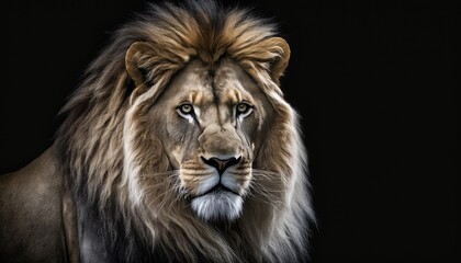 Plakat Majestic Lion with piercing eyes isolated on a black background. The lighting highlights its fierce nature. generative ai