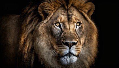 Fototapeta na wymiar Majestic Lion with piercing eyes isolated on a black background. The lighting highlights its fierce nature. generative ai