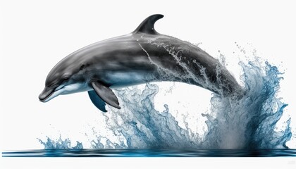 Playful dolphin, leaping out of the water. Isolated on a white background. Bright, natural lighting captures the energy and vitality of this intelligent animal. Cool tones generative ai