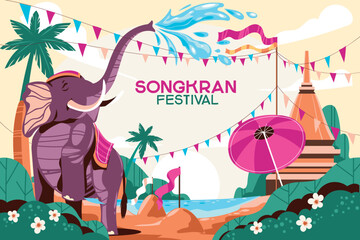 Songkran Festival Background Template with Elephant Playing Water in Temple mean Thailand Traditional New Year's Day