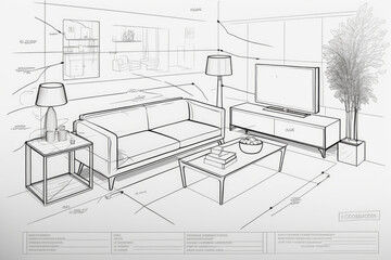 The illustration depicts a technical sketch of a modern minimalist living room, showcasing the basic layout of the room and key furniture pieces. Clean lines, neutral colors. Generative AI.