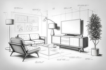 The illustration depicts a technical sketch of a modern minimalist living room, showcasing the basic layout of the room and key furniture pieces. Clean lines, neutral colors. Generative AI.