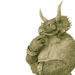 triceratops warrior is thinking about side view close up