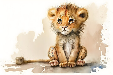 Illustration of watercolor cute baby lion, ai generative