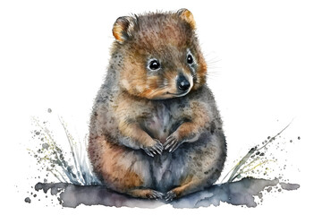 Obraz premium Illustration of watercolor cute baby quokka, ai generative