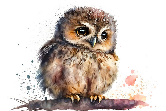 Illustration of watercolor cute baby owl, ai generative