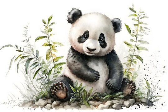 Illustration of watercolor cute baby panda, ai generative