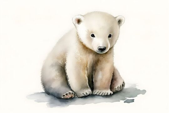 Illustration of watercolor cute baby polar bear, ai generative