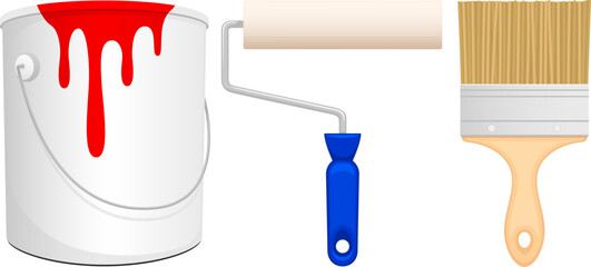 Vector illustration of various items used for painting: a can of red paint, a paint roller, and a paintbrush.