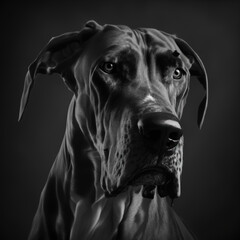 Studio shot with huge great dane dog portrait with the curiosity and innocent look as concept of modern happy domestic pet in ravishing hyper realistic detail by Generative AI.