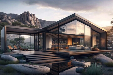 Luxury villa high class architecture in green rainforest with large glass windows. Upscale living, concept for real estate advertisement or inspiration.