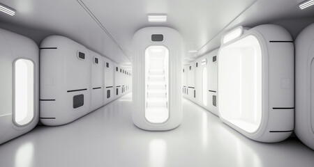 Futuristic white cosmic interior capsule hotel - 579859134