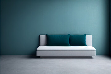 Minimalistic sofa in living room with empty wall background for space for copy text, wall decor or canvas mock up background.