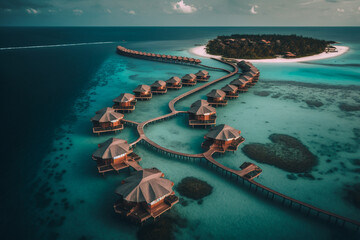 Fototapeta premium Maldives aerial view on luxury bungalow villas in the ocean water. Travel and tourism concept, generative ai.