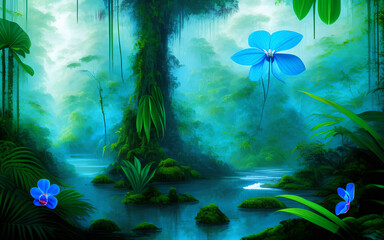 Blue orchids on a tree in the rainforest. Generative Al Illustration.