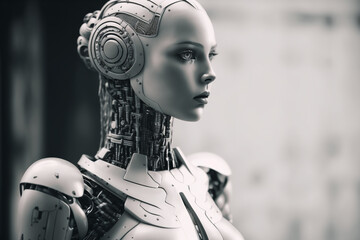 Fototapeta na wymiar Humanoid artificial intelligence robot, futuristic technology AI advancement.