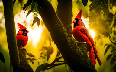 Two red cardinal birds sitting on a tree in the jungle. Generative Al Illustration.