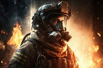 Firefighter searching for possible survives. Generative AI