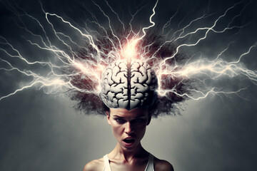 Brain with bright thunder light flashes, concept of triggered mind and creativity and brainstorming. - obrazy, fototapety, plakaty