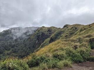 The way going to peak mountain, with Savana and foggy vibes. The photo is suitable to use for adventure content media, nature poster and forest background.