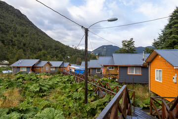 Small colorful houses and nalca plants along the wooden paths of Tortel, Patagonia, Chile