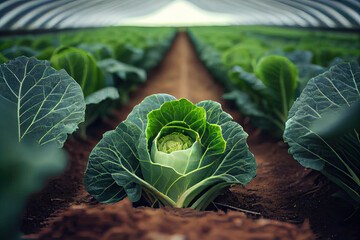Organic cabbage growing in greenhouse created with AI - obrazy, fototapety, plakaty
