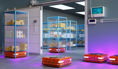 Refrigeration chamber for food storage. Warehouse autonomic robots carry goods industry.   3d rendering