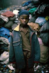 Serious Black Child posing in a third world country public dump looking at the camera
