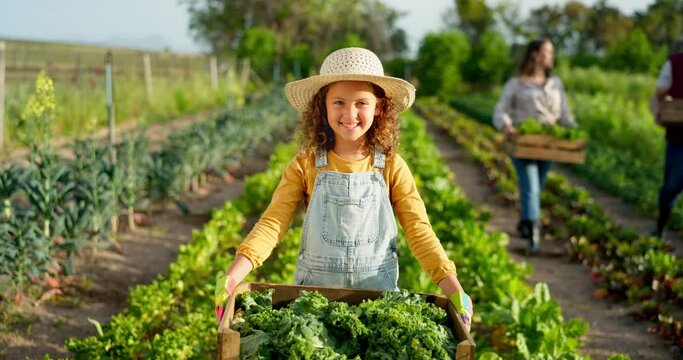 Agriculture, plant and portrait of girl on farm with vegetables box for sustainability, growth and health. Smile, learning and nature with child farmer in countryside for agro, energy and environment