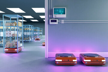 Refrigeration chamber for food storage. Warehouse autonomic robots carry goods industry.  AMR for storage. 3d rendering