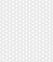 Seamless surface pattern design with traditional japanese ornament. Three pronged blocks tessellation. Repeated interlocking white figures on black background. Bishamon armor motif. Sashiko embroidery