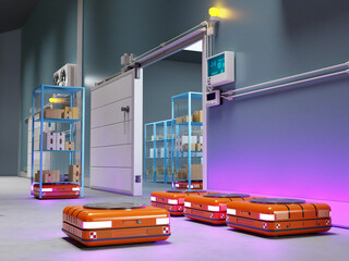 Warehouse autonomic robots carry goods industry.  AMR for storage.  Refrigeration chamber for food storage. 3d rendering