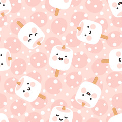 cute marshmallow pastel pink with kawaii faces different expression and polka dot texture, kids fabric and textile design, baby room scandinavian seamless pattern