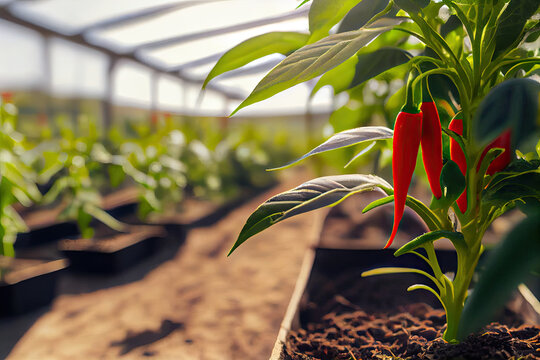 Organic peppers growing in greenhouse created with AI
