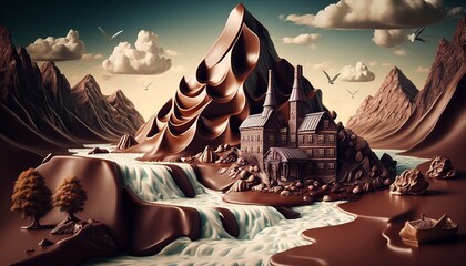 landscape where everything is made of chocolate, chocolate world, easter season, mountains, river, trees. ai generative
