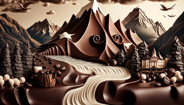 landscape where everything is made of chocolate, chocolate world, easter season, mountains, river, trees. ai generative