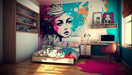 colorful girl's room, modern architecture with furniture in artistic style. ai generative