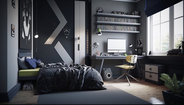 Modern Bedroom Concept For Singles Or Teenagers, With Darker Colors And Cheerful Tones. Luxurious Bedroom, Design And Architecture Concept. Ai Generative Content