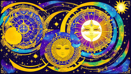 beautiful background with many stars details and symbols two faces psychedelic magic for celestial alchemy astrology Generative AI