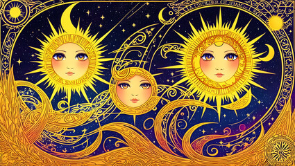 beautiful design of three sun faces on psychedelic background with esoteric symbols signs Generative AI